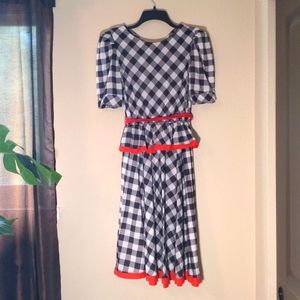 Vintage B&W checkered dress w/red ruffle,  Size M